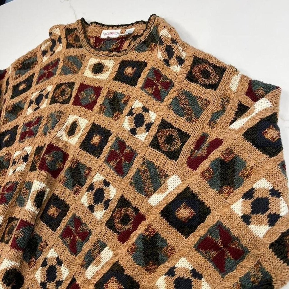 Bachrach Sweater Mens Large Vintage Geometric Knit Earth Tone Crewneck 90s Retro